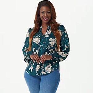 Belle Kim Gravel Green Floral Print Blouse